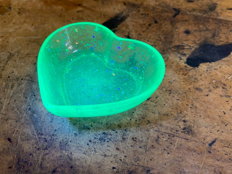 Neon green holographic flake glitter heart shaped clear resin dish