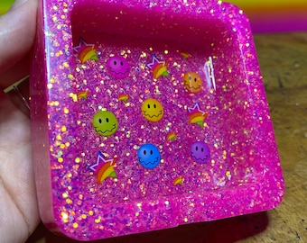 Neon awkward smiley glitter ashtray