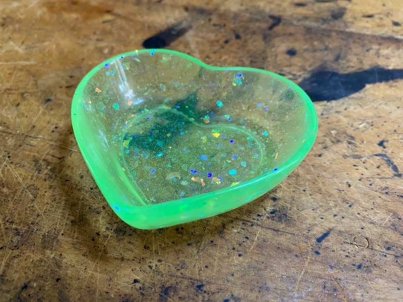Neon green holographic flake glitter heart shaped clear resin dish