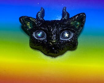 Starry eyed horned black resin cat keychain magnet