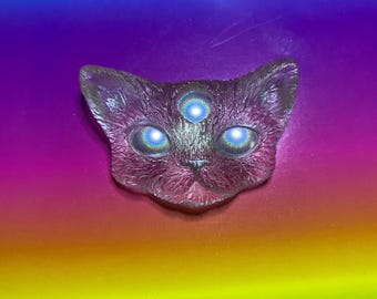 Super clear holographic three eyed resin cat magnet