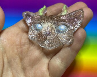 Super clear green horned resin cat keychain magnet