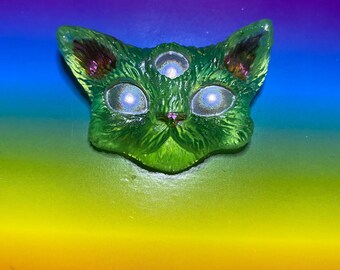 Neon green yellow three eyed resin cat keychain magnet