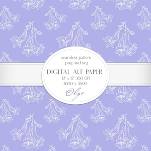 May include: A seamless digital paper pattern featuring white outline illustrations of trumpet vine flowers on a light purple background. The pattern is 12 inches by 12 inches and 300 DPI. The text "seamless pattern png and svg DIGITAL ART PAPER 12 x 12 300 DPI 3600 x 3600 Olga" is included in the image.