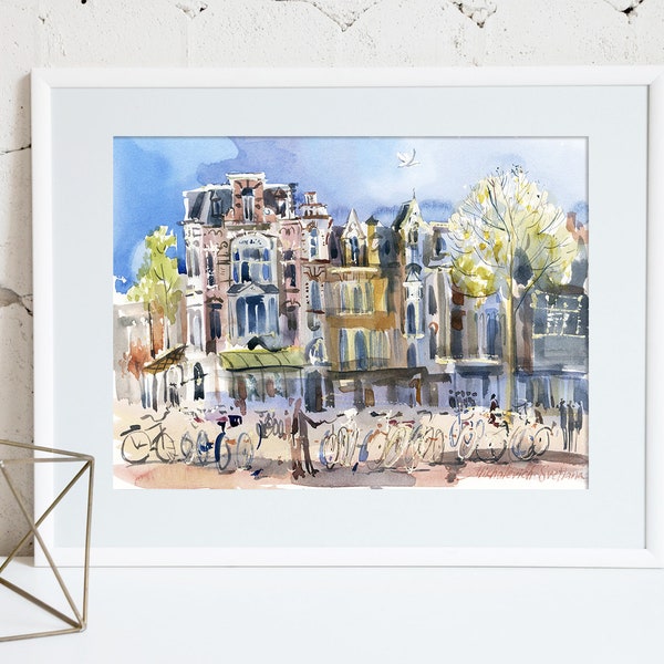 Aquarelle, scène de rue d'Amsterdam : téléchargement numérique d'une journée de printemps dans la ville. Art de voyage aux Pays-Bas.