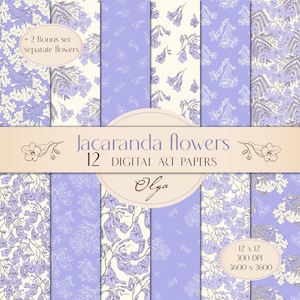 Op de afbeelding: Twaalf digitale kunstpapieren met een patroon van paarse Jacaranda-bloemen. De papieren zijn 30,48 cm x 30,48 cm en 300 DPI. De tekst "Jacaranda flowers 12 DIGITAL ART PAPERS Olga" is in de afbeelding opgenomen.