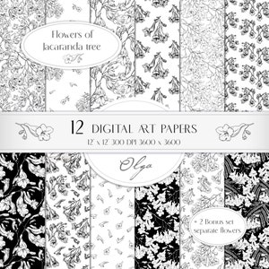 May include: A set of 12 digital art papers featuring black and white illustrations of Jacaranda tree flowers. The papers are 12 inches by 12 inches and 300 DPI. The text "Flowers of Jacaranda tree" and "12 DIGITAL ART PAPERS 12 x 12 300 DPI 3600 x 3600 Olga +2 Bonus set separate flowers" is included in the image.