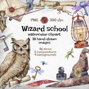 Ensemble de cliparts numériques aquarelle école de sorcier, téléchargement immédiat, 35 PNG, fond Transparent, scrapbooking, baguette magique, chapeau magique, hibou