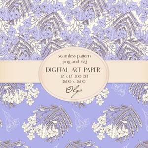 Duas flores elegantes, padrão digital sem costura, de árvore Jacarandá em roxo e bege. Papel digital. Desenhado à mão. Arquivo para impressão