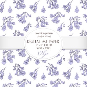 Op de afbeelding: Een naadloos patroon digitaal papier met een delicaat bloemenontwerp met lichtpaarse bloemen op een witte achtergrond. Het patroon is 30,5 cm bij 30,5 cm en 300 DPI. De tekst "seamless pattern png and svg" en "DIGITAL ART PAPER 12 x 12 300 DPI 3600 x 3600 Olga" is opgenomen in de afbeelding.