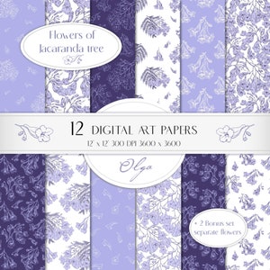 Jacaranda Blumen lila und weiß Toile Kunst Digitale Papiere Bastelpapier Scrapbook Hintergründe. Elegantes Blumenmuster. Druckbare Datei