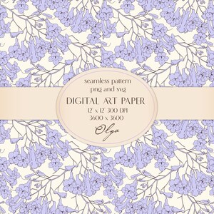 May include: Seamless pattern digital paper with a light purple floral design on a cream background. The text "seamless pattern png and svg DIGITAL ART PAPER 12 x 12 300 DPI 3600 x 3600 Olga" is in a circle at the bottom of the image.