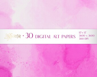 30 Pink Watercolor Digital Papers for Journaling & Scrapbooking | Soft Romantic Backgrounds 12x12 (Digital Download)