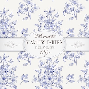 Op de afbeelding: Een naadloos patroon met blauwe en witte illustraties van clematisbloemen. Het patroon is gelabeld "Clematis Seamless Pattern PNG, SVG, EPS Olga".