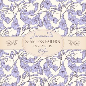 May include: A seamless pattern featuring hand-drawn illustrations of purple Jacaranda flowers. The pattern is labeled "Jacaranda Seamless Pattern PNG, SVG, EPS Olga".