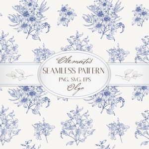 May include: A seamless pattern featuring blue and white illustrations of clematis flowers. The pattern is labeled "Clematis Seamless Pattern" with the artist's name "Olga" and the file types "PNG, SVG, EPS".