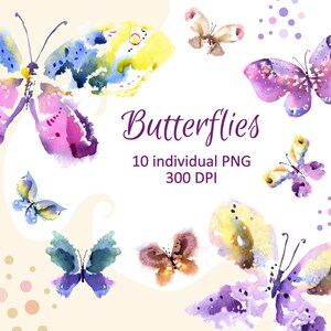 Watercolor Butterfly Clipart Set, Boho Butterfly PNG, Hand Painted Butterfly Art, Digital Scrapbooking, Transparent PNG, Floral Butterflies