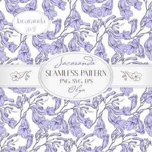 Op de afbeelding: Een naadloos patroon met paarse Jacaranda-bloemen in een delicate handgetekende stijl. Het patroon is perfect voor het maken van digitale of gedrukte ontwerpen, zoals stof, behang of inpakpapier. De tekst "Jacaranda Seamless Pattern PNG. SVG. EPS Olga" is opgenomen in het ontwerp.
