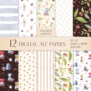 Thème café douillet : 12 papiers numériques aquarelle et 12 motifs transparents pour le scrapbooking et les travaux manuels