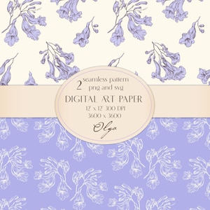Twee digitale naadloze bloemenpatroon Bloemen van de jacarandaboom in paars en beige. Digitaal papier. Handgetekend. Afdrukbaar bestand