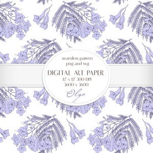 Op de afbeelding: Een naadloos patroon digitaal papier met een delicaat bloemenontwerp met paarse bloemen en groene bladeren. Het patroon is perfect voor knutselen, scrapbooking en andere creatieve projecten. De tekst "seamless pattern png and svg DIGITAL ART PAPER 12 x 12 300 DPI 3600 x 3600 Olga" is opgenomen in het ontwerp.