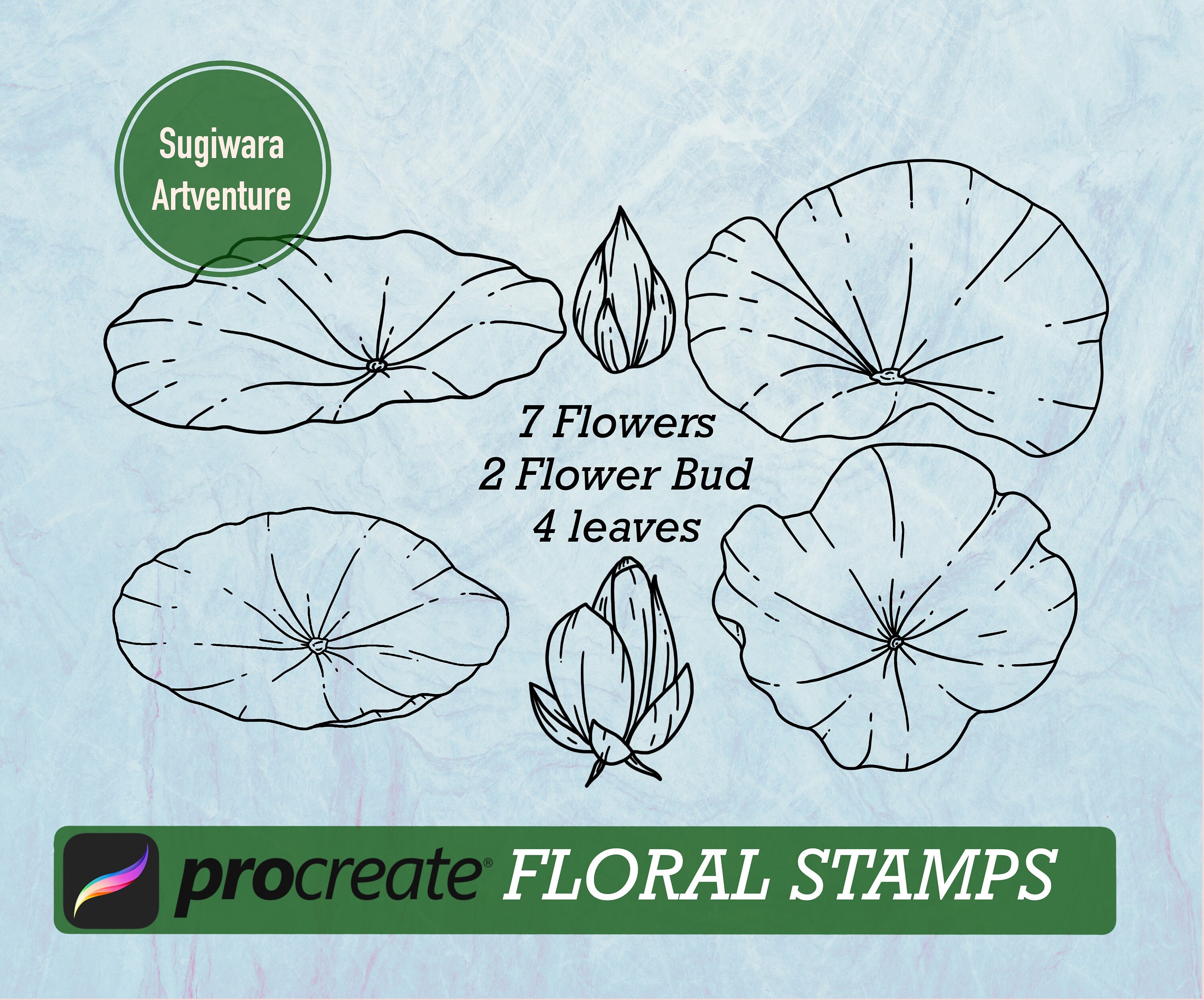 SAVE 30% for 3 ITEMS 12 Procreate Stamps Lotus Procreate 