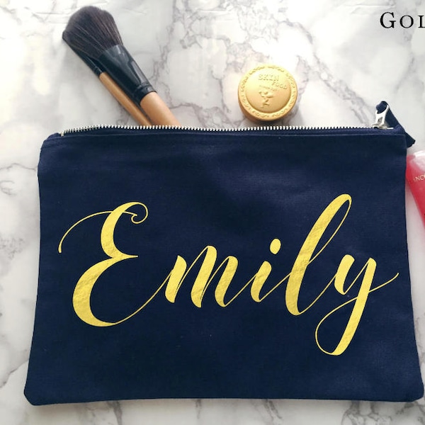 Metallic Personalised make up bag | Personalised gift | Bridesmaid gift  | Personalised Birthday Present | Wash bag | navy pouch