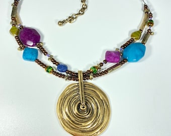 Bonito vintage chicos colar pingente tom de ouro redemoinho círculo azul roxo contas colorido boho assinado chicos