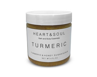 Exfoliante corporal vegano de cúrcuma, miel y azúcar, hecho a mano y natural / Sin crueldad animal / Frasco de 113 g