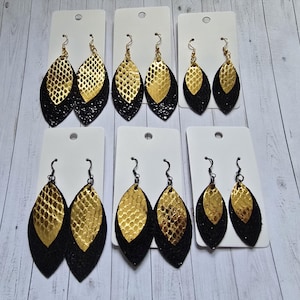 Metallic dragon scale gold and sparkly black leather earrings - Fourth Wing Iron Flame inspired decorative jewelry
