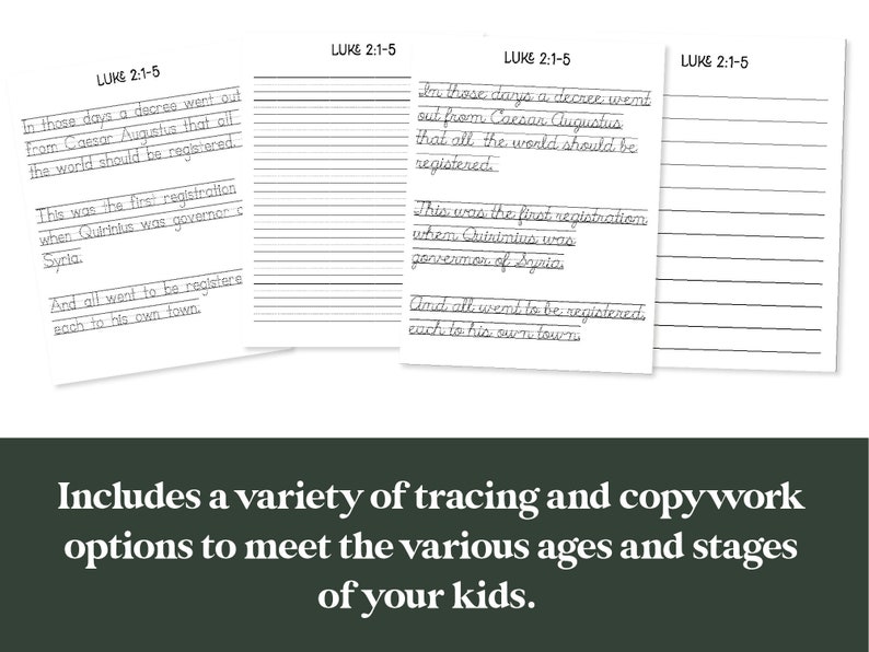 Op de afbeelding: Vier pagina's met gestreept papier waarop de Bijbeltekst Lukas 2:1-5 in cursief schrift staat. De tekst wordt op elke pagina herhaald, met kleine variaties in de handschrift. De pagina's zijn op elkaar gestapeld, met de bovenste pagina iets naar rechts verschoven. De tekst luidt: "In die dagen ging er een bevel uit van keizer Augustus, dat de hele wereld zich moest laten registreren. Dit was de eerste registratie die plaatsvond tijdens het bestuur van Quirinius in Syri&euml;. En iedereen ging om zich te laten registreren, ieder in zijn eigen stad."