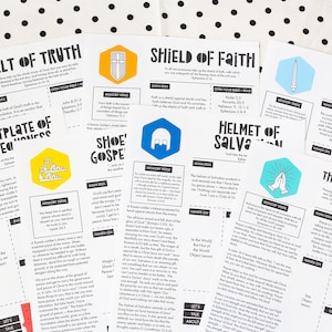 May include: A set of printable cards with illustrations and text about the armor of God. The cards feature the following armor pieces: belt of truth, breastplate of righteousness, shoes of the gospel, shield of faith, helmet of salvation, and sword of the spirit. The cards also include memory verses and hands-on activities.