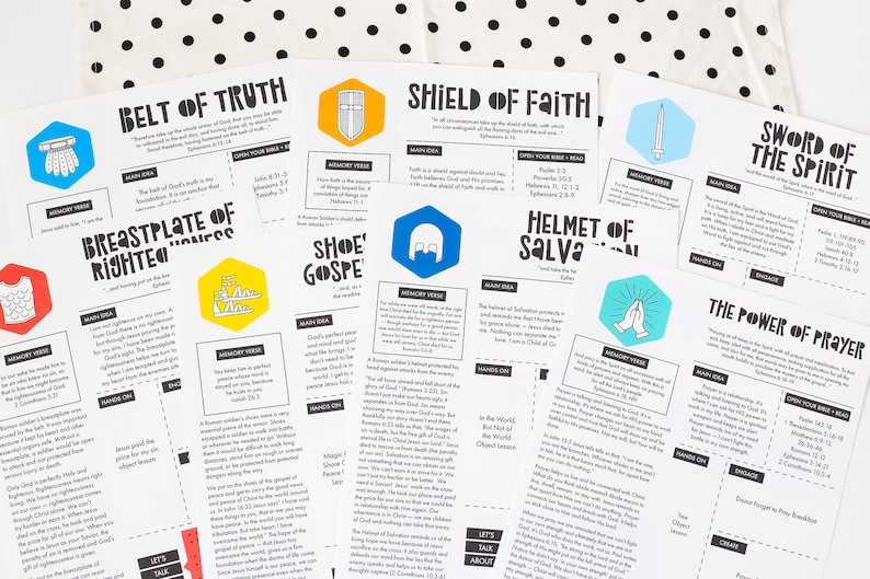 May include: A set of printable cards with illustrations and text about the armor of God. The cards feature the following armor pieces: belt of truth, breastplate of righteousness, shoes of the gospel, shield of faith, helmet of salvation, and sword of the spirit. The cards also include memory verses and hands-on activities.