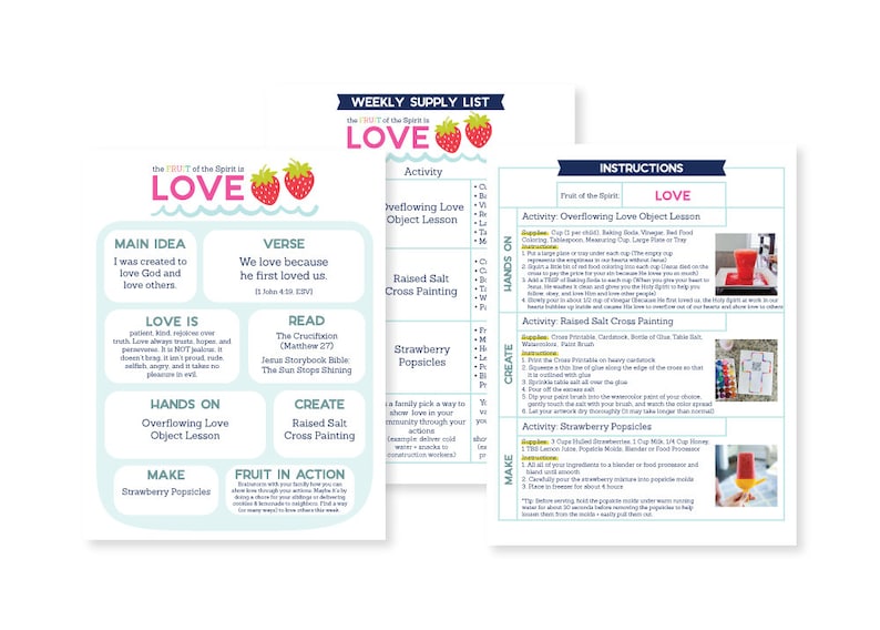May include: A printable worksheet with instructions for a weekly lesson plan about love. The worksheet includes a main idea, verse, read, create, hands-on, and make sections. The theme is "The Fruit of the Spirit is Love".