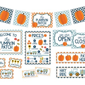 May include: A set of printable signs for a pumpkin patch. The signs feature a blue and white gingham pattern with orange pumpkins and a tractor. The signs include "Welcome to the Pumpkin Patch", "Prices", "We are Open", "We are Closed", "Pay Here", "Hay Ride", "Small Pumpkins", "Sunflowers", "Hayride Ticket", and "Tasty Treats".