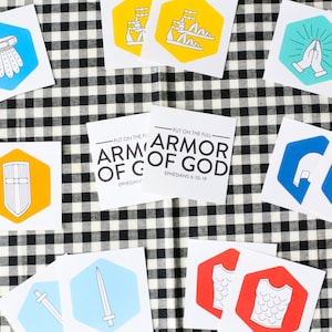 May include: A set of printable cards featuring illustrations of the armor of God, with the text "Put on the full armor of God, Ephesians 6:10-19".