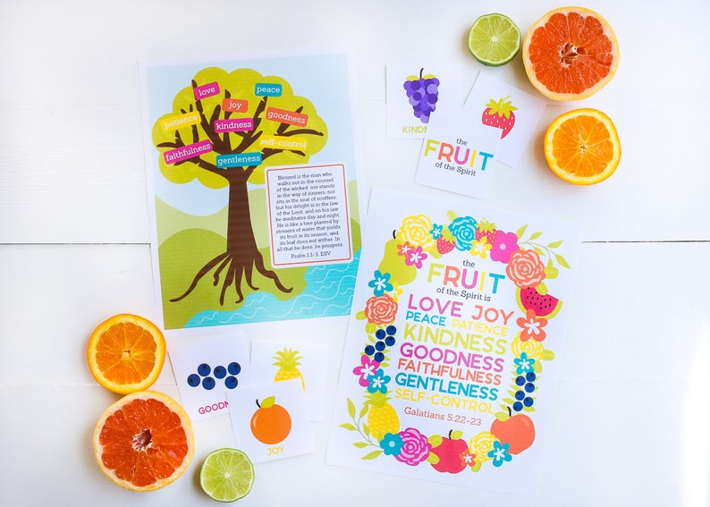 May include: A colorful printable poster with a tree and fruit of the spirit listed. The poster has a blue background with a green tree and brown roots. The fruit of the spirit are listed in colorful circles around the tree. The poster also includes a scripture verse from Galatians 5:22-23.