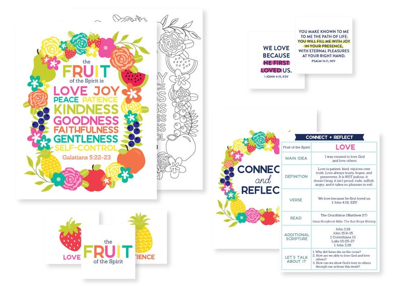 May include: A colorful printable worksheet with a wreath of fruit and flowers. The text in the wreath reads "the fruit of the Spirit is love, joy, peace, patience, kindness, goodness, faithfulness, gentleness, self-control. Galatians 5:22-23".