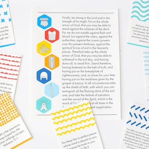May include: Colorful cards with different patterns and bible verses. The cards feature a variety of colors, including blue, red, yellow, and white. The verses are from the New Testament and focus on faith, hope, and love.