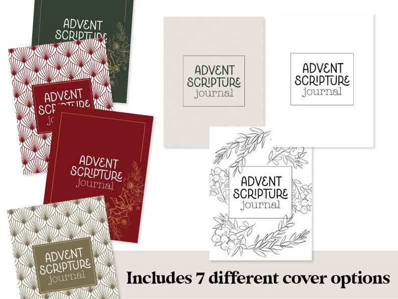 Op de afbeelding: Zeven verschillende omslagopties voor een Advent Schrift Journal. De omslagen bevatten een verscheidenheid aan ontwerpen, waaronder geometrische patronen, bloemkransen en eenvoudige tekst. De tekst op de omslagen luidt "Advent Schrift Journal".