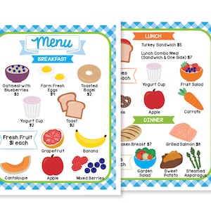 Kit de juego de simulación de menú de restaurante saludable para imprimir / Juego de simulación para niños / Actividades para niños para imprimir / Menú / Restaurante para niños / Juego dramático
