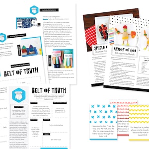 May include: A set of printable resources for teaching children about the Armor of God. The resources include a lunchbox activity, a shield craft, and a belt of truth activity. The resources are colorful and feature illustrations of a shield, a belt, and a knight.