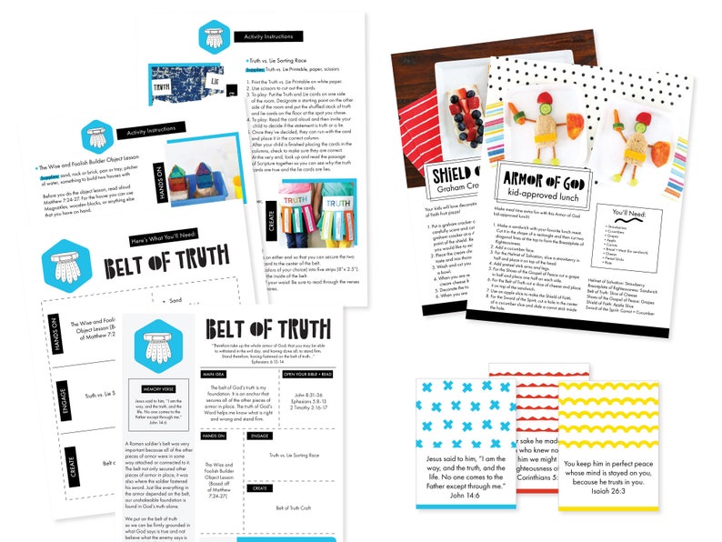 May include: A set of printable resources for teaching children about the Armor of God. The resources include a lunchbox activity, a shield craft, and a belt of truth activity. The resources are colorful and feature illustrations of a shield, a belt, and a knight.