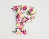 Flower letter initial personalize nursery room. Floral letter pink flowers greenery. Nursery wall art, wall hanging. Baby girl shower gift