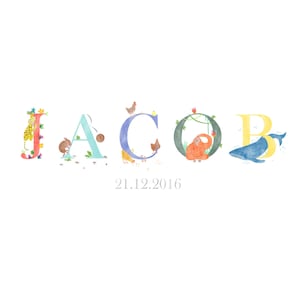 Alfabeto animal - Impresión personalizada del nombre del bebé, Nombre del niño personalizado, Vida silvestre, Arte de pared de guardería