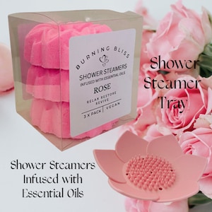 Rose Shower Steamers + Shower Steamer Tray,Bath Bomb,Essential Oil,3XPACK,VEGAN