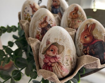 Painted, Decoupaged, Vintage Rabbit Easter Eggs, rustic eggs, spring decor, farmhouse, bowl fillers