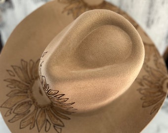 Sunflower Burned Hat, Fedora Hat, Women’s Fedora Burned Hat, Cowgirl Wide Brim Fedora, Sundlower, Boho, Engraved Felt Hat