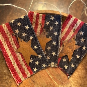 Star Americana Primitive Ornaments, Flag Ornaments, Prim Flags, Prim 4th of July, Patriotic Ornaments, Patriotic Flag Decor, Rusty Star