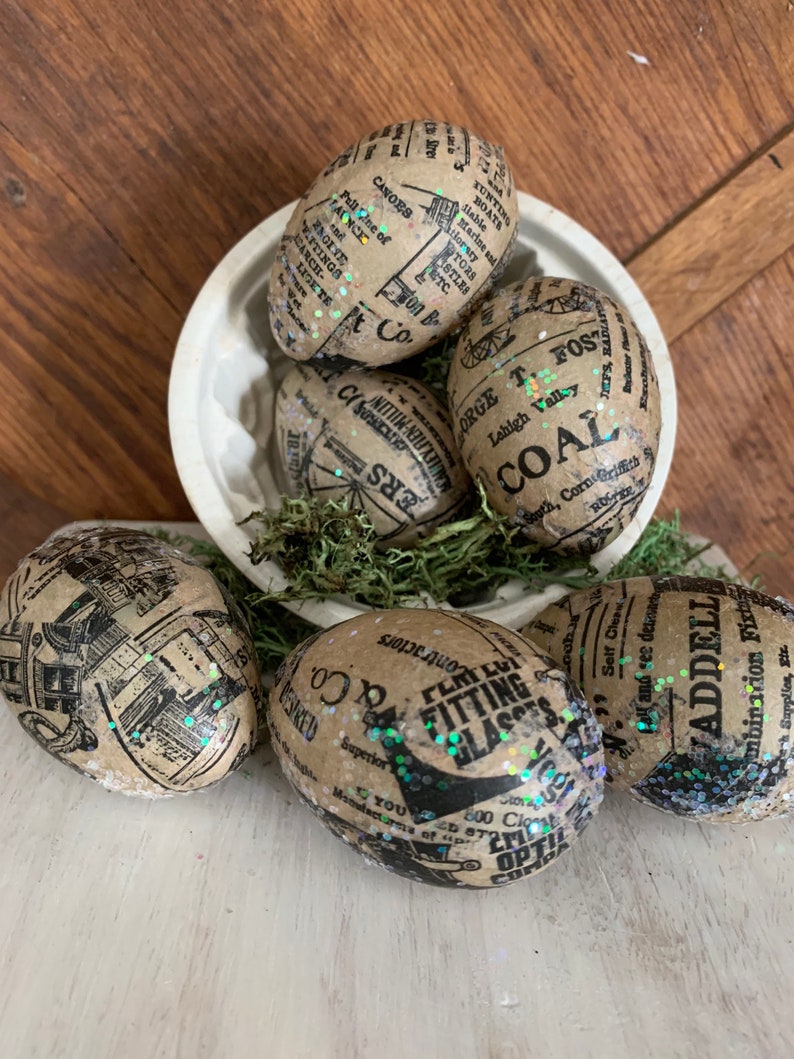 Decoupaged, Vintage Newsprint Eggs, Easter Eggs, Bowl Fillers, Spring